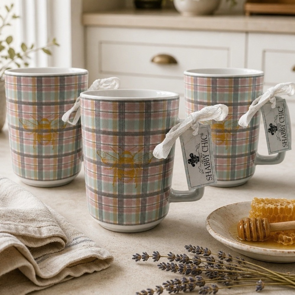 Shabby Chic Plaid Honeybee Ceramic Mug Set 3pc Pastel Pink Yellow NWT TT4751-SC‎